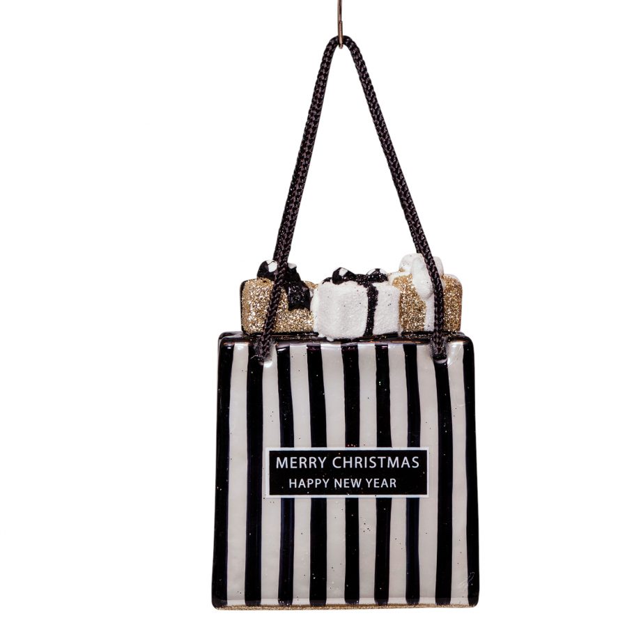 Julepynt - Glass little gift bag, white/black