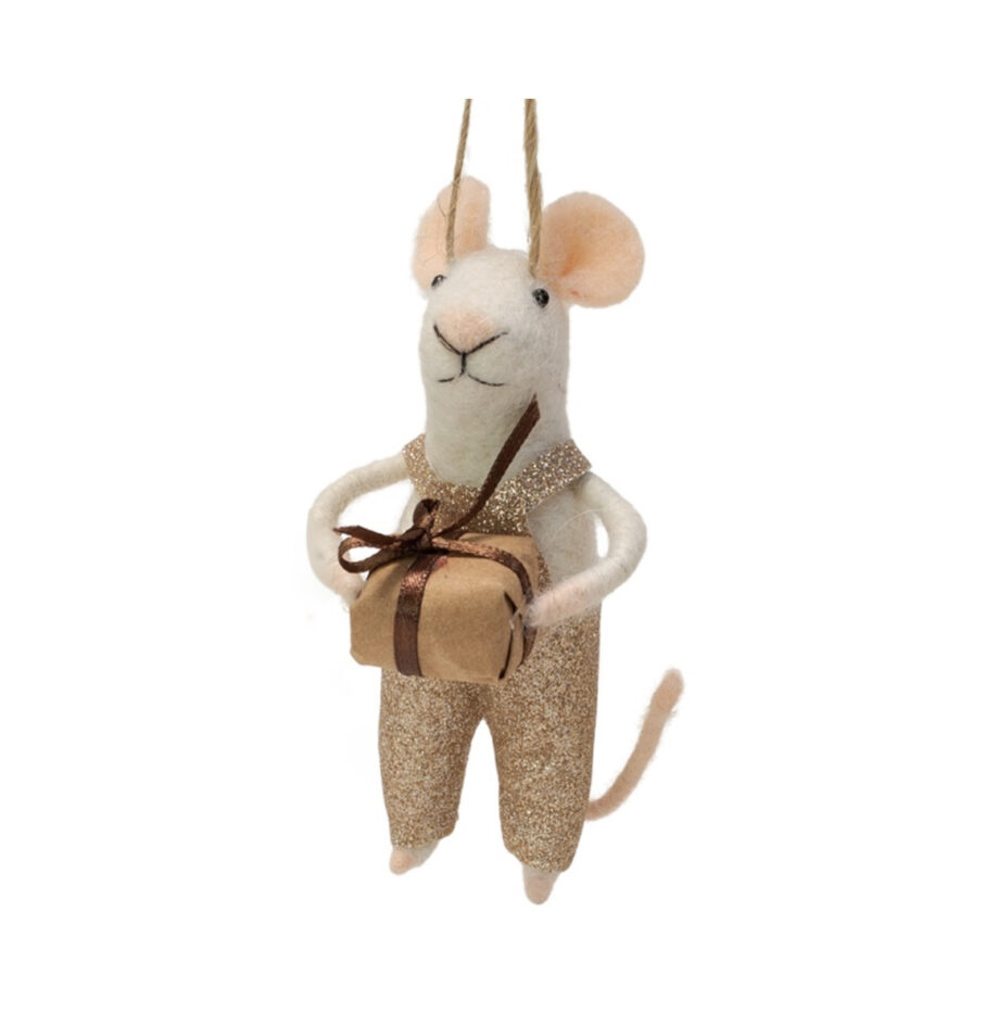 Julepynt - Mice white, boy w/gift